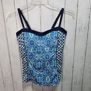 Lands End Womens Tankini Swim Top Blue & Green Print Built in Bra Padded Size 12
